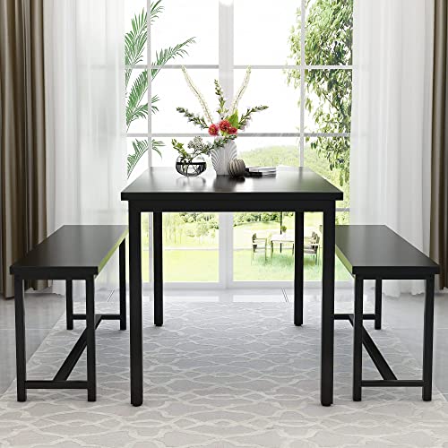 AWQM Dining Table Set for 4, Kitchen Table Set with 2 Benches, 47.2Inch 3-Piece Dining Room Table Set with Metal Frame and MDF Board, Sturdy Structure, Space-Saving, Black