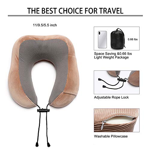 Travel Pillow, Memory Foam Neck Pillow with 360-Degree Head Support Comfortable Airplane Pillow with Storage Bag Lightweight Traveling Pillow for Sleeping, Car, Train, Bus and Home Use(Coffee)