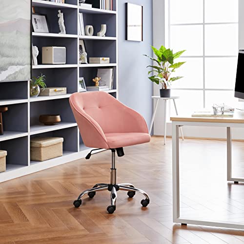 Yaheetech Velvet Desk Chair, Makeup Vanity Chair with Adjustable Tilt Angle, Modern Swivel Office Chair Upholstered Armchair Study Chair for Living Room and Makeup Room Pink