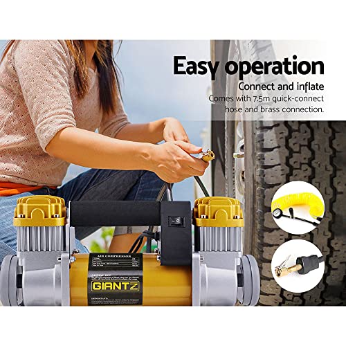 Giantz 12V Air Compressor, 4x4 Portable Car Cordless Tyre Deflator Inflator Pump Electric Airbrush Compressors Automotive Tools 4wd Equipment, With Pressure Gauge 2 Cylinders 200L/MIN