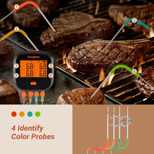 Inkbird WiFi Grill Thermometer IBBQ-4T, Rechargeable Wireless BBQ Thermometer with 4 Probes, Calibration, Timer, High and Low Alarm, Digital Meat Thermometer for Smoker, Oven, Kitchen, Drum