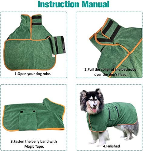 Dog Bathrobe Towel, Pet Drying Coat,Fast Drying Super Moisture Absorbent Dog Bathrobe Microfibre Towelling,Adjustable Collar and Waist Pet Dog Cat Bath Robe for Large,Medium,Small Dogs Green (M)