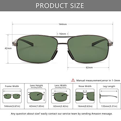SUNGAIT Ultra Lightweight Rectangular Polarized Sunglasses UV400 Protection (Gunmetal Frame Green Lens, 62) Metal Frame New-2458 QKMLV-AU