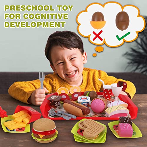 REMOKING Children Pretend Role Play Toys, Educational Food Toys for Toddler Girl Boy, Kids Preschool Learning Toys, Kitchen Toy, Hamburger, Hotdog, Cutting Fruit, Ice Cream Food Set