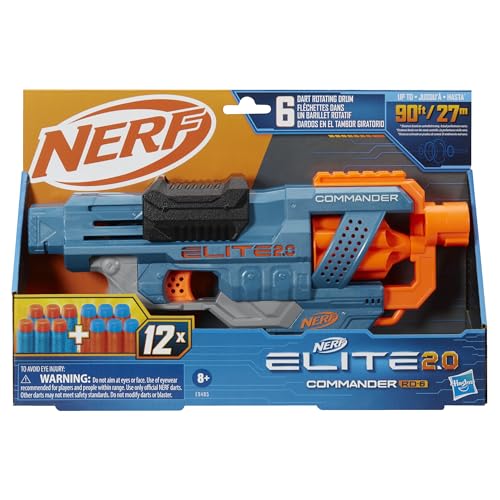 Hasbro Nerf Elite 2.0 - Commander RD-6 Blaster - Us Version - 12 Official Nerf Darts - 6-Dart Rotating Drum - Tactical Rails - Barrel And Stock Attachment Points - Toys For Kids - E9485 - Ages 8+, Multicolor