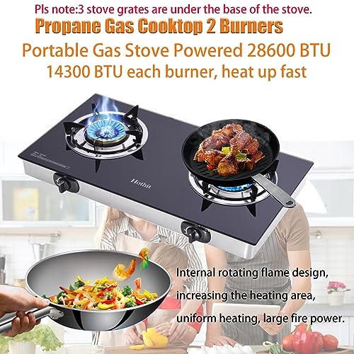 Hothit Portable 2 Burner Propane Stove Gas Cooktop, 28600 BTU Tempered Glass Auto Ignition for Outdoor Kitchen, Camping, RV, Small Apartment Double Burner / Tempered Glass-Black