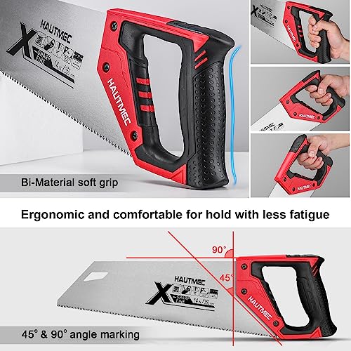 HAUTMEC 14 in. X-Sharp Hand Saw, 12 TPI Woodworking Handsaw, Soft-Grip Sharp SharpTooth for Cutting and Sawing Trees, Plastic Pipes, Drywall HT0295