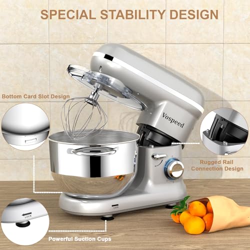 Stand Mixer, Vospeed Food Mixer Dough Blender, 6 QT 1500W Electric Cake Mixer with Bowl, Beater, Hook, Whisk, Egg Separator & Silicone Spatula, Dishwasher Safe (Silver)