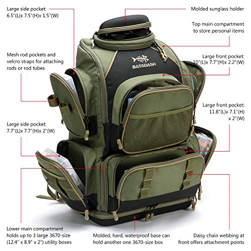 Bassdash Fishing Tackle Backpack Lightweight Tactical Shoulder Bag Soft Tackle Box with Protective Rain Cover, Green Backpack [3670] Without Trays
