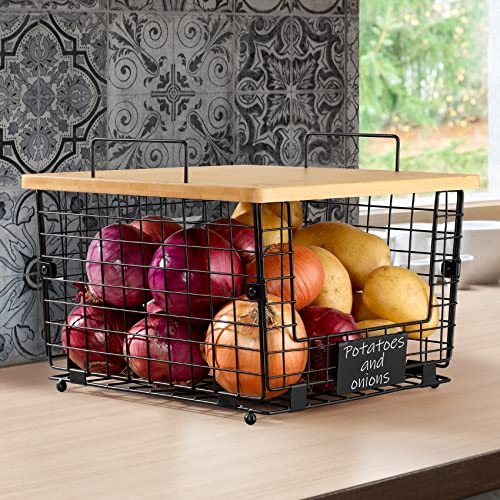 2 Set Kitchen Counter Basket with Bamboo Top - Pantry Cabinet Organization and Storage Wire Basket - Countertop Organizer for Produce, Fruit, Vegetable ( Onion, Potato ), Bread, K-Cup Coffee Pods