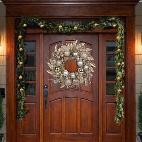 Christmas Wreath Door Wreath for Christmas – Champagne Advent Wreath with Christmas Baubles and Long Branches, Decorative Wreath Christmas Decoration Table Wreath, Diameter 40 cm
