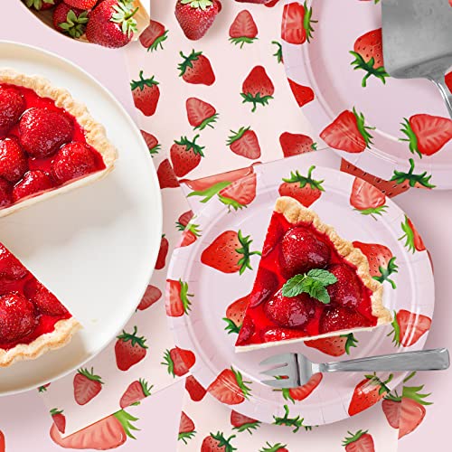 Strawberry Party Tableware Set,Strawberry Birthday Party Decoration,Summer Fruit Party Supplies Paper Plates Napkins Tablecloth for 25 Guests Perfect for Birthday Summer Fruit Party 1st Party