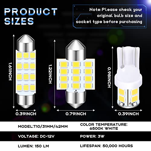 24 Pieces Dome Light LED Car Bulb Kit Set T10 31 mm 42 mm Festoon Bulbs Interior Replacement Bulbs for Car Map Door Courtesy(White)