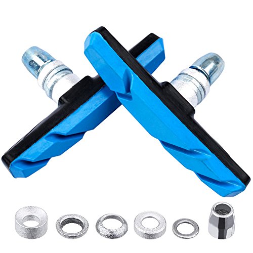 3 Pairs Bike V-Brake Pads Set with Hex Nuts/Wrench and Spacers, 70 mm/2.75", AFUNTA 6 Pieces Road Mountain Bicycle V-Brake Blocks, No Noise No Skid - Black, Red, Blue
