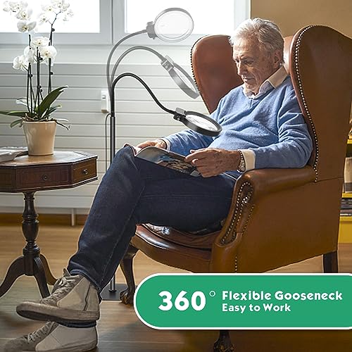 NZQXJXZ 2-in-1 Magnifying Glass with Light and Stand, 5X & 10X Magnifying Lamp with 36 Adjustable Brightness LEDs, Flexible Gooseneck Floor Standing Magnifying Lamp for Close Work, Craft, Reading