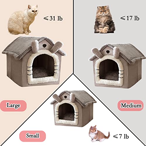 Cat Bed and Small Dog Bed, Self-Warming Cat Tent Cave for Kittens and Small Dogs Triangle Cat House Hut with Washable Cushion for Outdoor and Indoor (Medium, Grey)