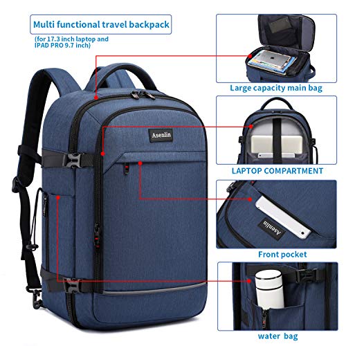 Asenlin 40L Travel Backpack ，17 Inch Laptop Backpack Flight Approved Luggage Carry On Water Resistant Computer Backpack for Weekender Overnight Large Daypack Blue