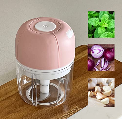 NDBOX Mini Electric Garlic Chopper 250ml - Portable USB Rechargeable and Lightweight Spice Blender for Onion, Tomato, Ginger, Beans - Three Blades Handy Food Processor Mincer (Pink)