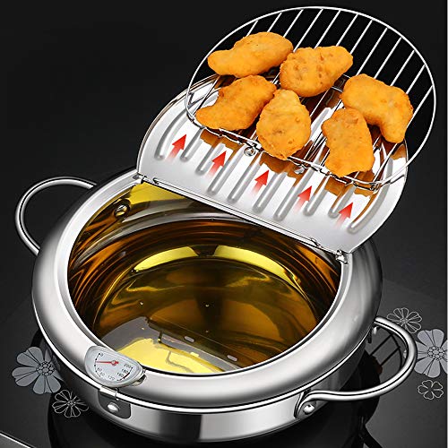 Deep Fryer Pot - Japanese Tempura Small Deep Fryer Stainless Steel Frying Pot With Thermometer,Lid And Oil Drip Drainer Rack for French Fries Shrimp Chicken Wings and Shrimp (28cm/11inch)