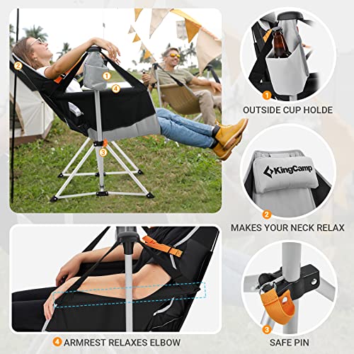 KingCamp Hammock Camping Chair Swinging Rocking Chair for Adults Lawn Beach Camp Outside Portable Folding Chair Hold Up to 300lbs with Adjustable Back Support Carrying Bag Cup Holder (Grey/Black)