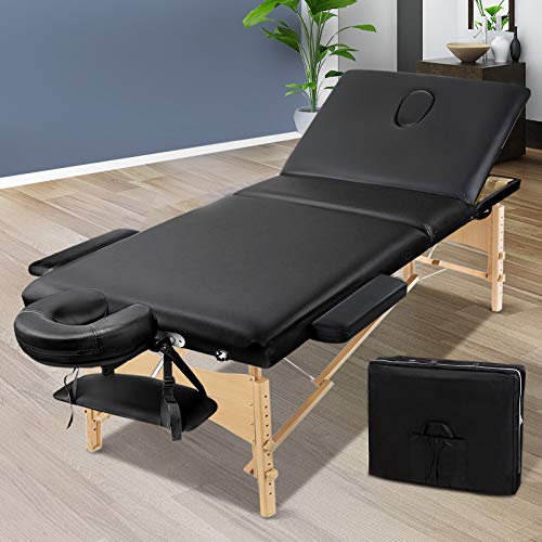 Zenses Massage Table 75cm Portable 3 Fold Wooden Beauty Bed Black