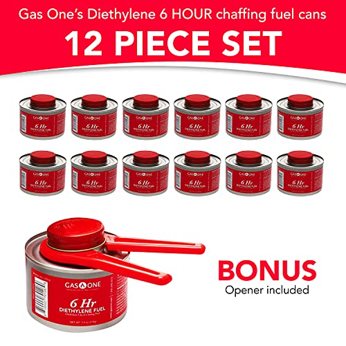 Gas One 6 Hour Chafing Fuel - Food Warmer for Chafing Dish Buffet Set - Liquid Safe Fuel with Wick & Lid Opener 7.4 Oz (Pack of 12)