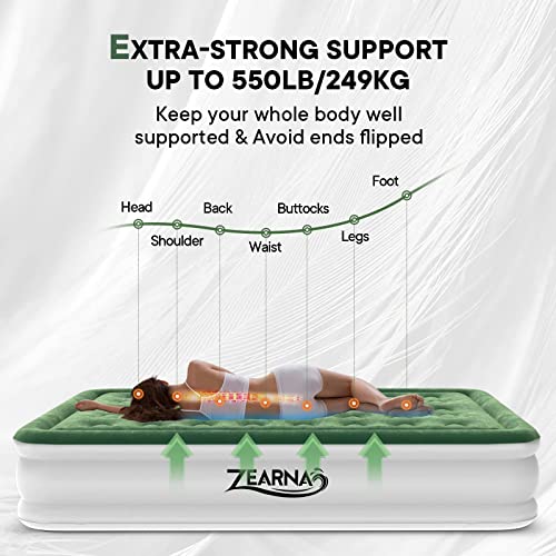 Zearna Queen Air Mattress with Built-in Pump for Home, Camping & Guests - 16” Queen Size Inflatable Airbed Double High Adjustable Blow Up Mattress, Durable Portable Waterproof