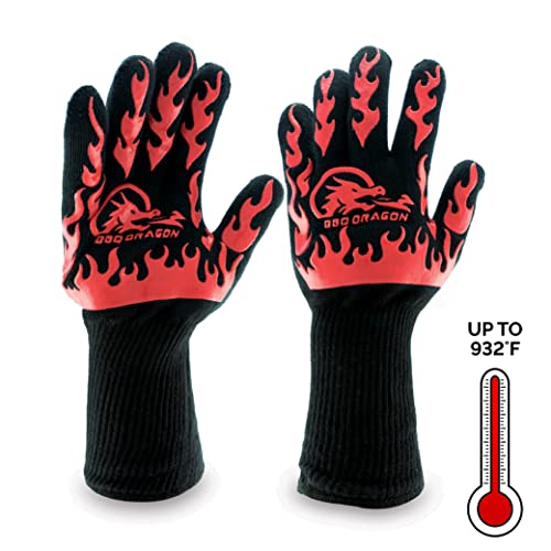 Extreme Heat Resistant Gloves - BBQ Gloves, Hot Oven Mitts, Charcoal Grill, Smoking, Barbecue Gloves for Grilling Meat Gloves, Insulated, Silicone Non-Slip Grips, U.S. Safety Tested - BBQ Dragon