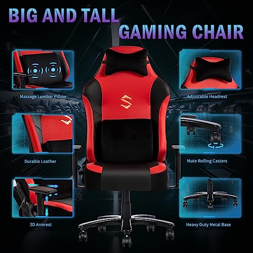Fantasylab Big and Tall Gaming Chair Office Chair Gaming Chair with Massage Lumbar Pillow Gamer Chair for Adults Computer Game Chair with Adjustable Armrest High-Back PU Leather Gaming Chair 400lb