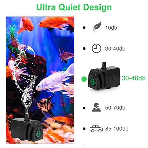BARST 2500L/H Submersible Water Pump with Sponge Filter, Pond 5m Power Cord for Aquarium, Fountains, Fish Tank, Feature 4 Strong Suction Cups&4 Nozzles, 45W Black