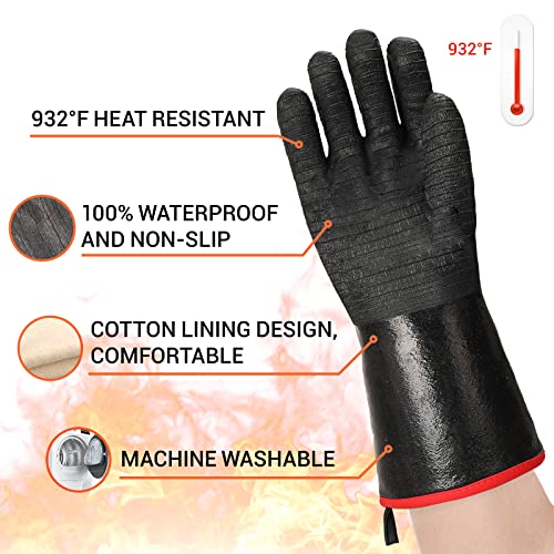 Schwer Grill BBQ Gloves 932℉ Heat Resistant Cooking Barbecue Gloves Waterproof Grilling Gloves for Turkey Fryer, Baking, Oven, Oil Resistant Neoprene Coating with Long Sleeve