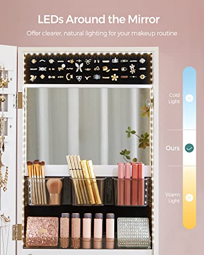 SONGMICS Jewelry Cabinet Armoire Organizer with LED Lights, Wall-Mounted Storage Cabinet with Full-Length Frameless Mirror, Built-in Makeup Mirror, 2 Drawers, Lockable, White UJJC013W01