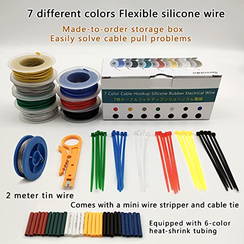 24awg Gauge Electrical Wiring Kit 7 Color Cable 7x30 ft Spool Wire Cable DIY Easy to Work Wire Flexible Silicon Wire Included Tinned Wire and Tool Accessories
