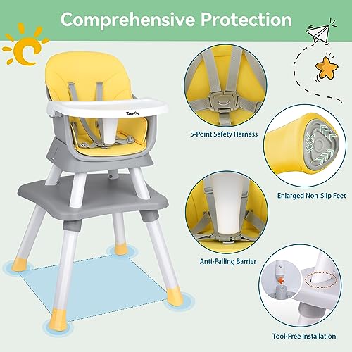 Baby High Chair, Timkos 8 in 1 Convertible Highchair Booster Seat, Building Block Table, Toddler Chair with 5-Point Safety Harness, Removable Tray, Soft PU Cushion (for 7-36 Months Babies)