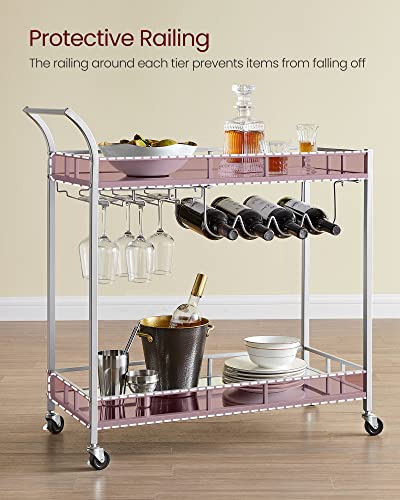 VASAGLE Bar Cart Silver, Home Bar Serving Cart, Wine Cart with 2 Mirrored Shelves, Wine Holders, Glass Holders, for Kitchen, Dining Room, Silver ULRC090E62, 15''Dx35.4''Wx33.9''H