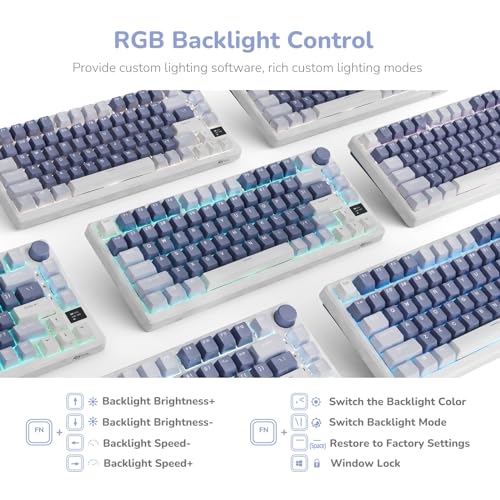 RK ROYAL KLUDGE M75 Gaming Keyboard Wireless 75% TKL Mechanical Keyboard RGB 2.4GHz Wireless/Bluetooth/USB-C QWERTZ with OLED Smart Display and Button Hot Swappable Brown Switch, Lavender Purple