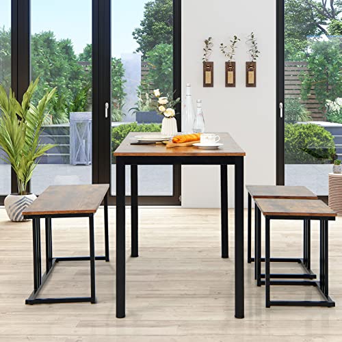 Giantex 4 Pieces Dining Table Set, Rectangular Wooden Dining Table w/Bench & 2 Stools, Industrial Kitchen Table Set for 4 Persons, Space-Saving Breakfast Table Furniture Set for Home, Restaurant, Pub