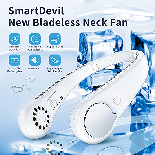 SmartDevil Personal Neck Fan, Hands Free Bladeless Neck Fan, Rechargeable Battery Operated Wearable Portable Fan, 360° Cooling Hanging Neck Fan, 3 Speeds, 48 Air Outlet, for Travel, Outdoor (White)