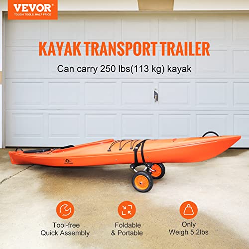 VEVOR Kayak Cart, 250lbs Load Capacity, Foldable Kayak Dolly Aluminum Kayak Wheels with 10'' Solid Tires for Kayaks Carrier Canoes Paddleboard Kayak Trolley Float Mats Jon Boats