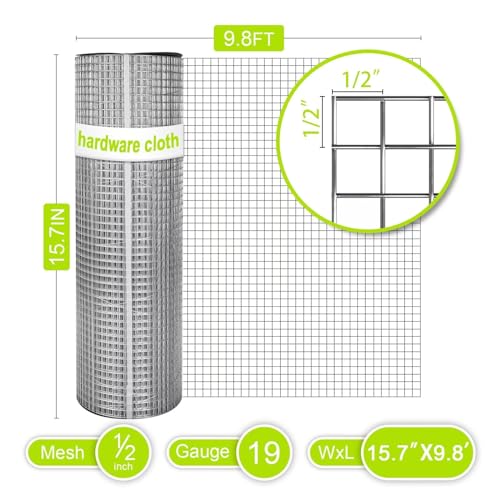 Hardware Cloth 1/2 Inch - Galvanized Chicken Wire Mesh Fencing 19 Gauge Square Hardwire Cloth for Chicken Pen/Coop Fences Raised Garden Bed Small Rodents（16inx10ft）