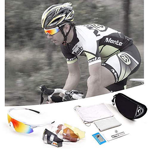 Cycling Glasses with 5 Interchangeable Lenses and TR90 Frame, UV400 Sports Sunglasses for Men Women Cycling Climbing Fishing Driving (White-Revo Red, 502(5 Lenses))