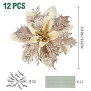TOYANDONA 12Pcs Christmas Glitter Poinsettia Flowers, Christmas Tree Flower Decorations Artificial Flowers with Stems and Clips for Wedding Party Wreath (Champagne)