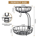 2 Tier Fruit Basket for Kitchen Countertop Detachable Metal Wire Fruits Vegetable Storage Bowl Tiered Stand Holder with Banana Hanger for Dining Table Organizer