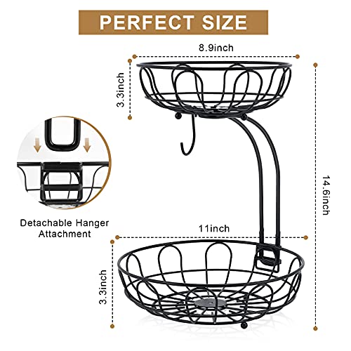 2 Tier Fruit Basket for Kitchen Countertop Detachable Metal Wire Fruits Vegetable Storage Bowl Tiered Stand Holder with Banana Hanger for Dining Table Organizer