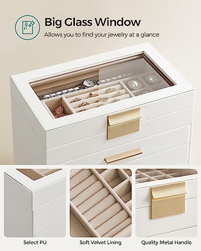 SONGMICS Jewelry Box with Glass Lid, 6-Layer Jewelry Organizer, 5 Drawers, for Sunglasses, Big Jewelry, Jewelry Storage, Modern Style, Cloud White and Gold Color UJBC171W01