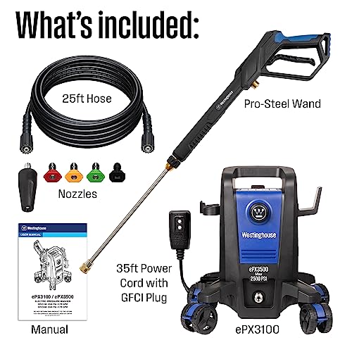 Westinghouse ePX3500 Electric Pressure Washer, 2500 Max PSI 1.76 Max GPM with Anti-Tipping Technology, Onboard Soap Tank, Pro-Style Steel Wand, 5-Nozzle Set, for Cars/Fences/Driveways/Home/Patios