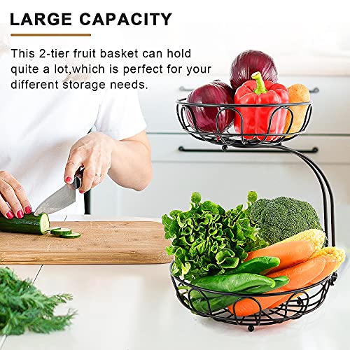 2 Tier Fruit Basket for Kitchen Countertop Detachable Metal Wire Fruits Vegetable Storage Bowl Tiered Stand Holder with Banana Hanger for Dining Table Organizer