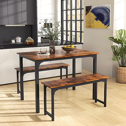 Giantex Dining Table Set for 4, 3 PCS Farmhouse Kitchen & Dining Room Furniture Kit with 2 Benches, Space-Saving Breakfast Nook Table Set (Rustic Brown + Black)