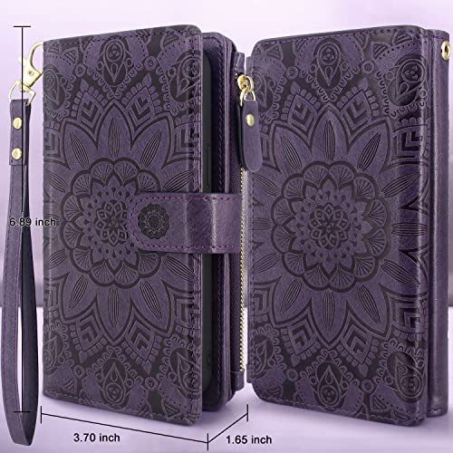 Harryshell Detachable Magnetic Zipper Wallet Leather Case Cash Pocket with Multi Card Slots Holder Wrist Strap for iPhone 8 Plus/iPhone 7 Plus / 6S Plus 5.5 Inch Floral Flower (Deep Purple)