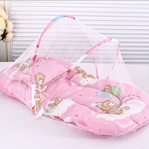 ZZM Infant Baby Mosquito Net Crib Foldable Zipper Sleeping Cushion Collapsible Travel Cot with Pillow 95 * 47 * 40 cm (Pink)